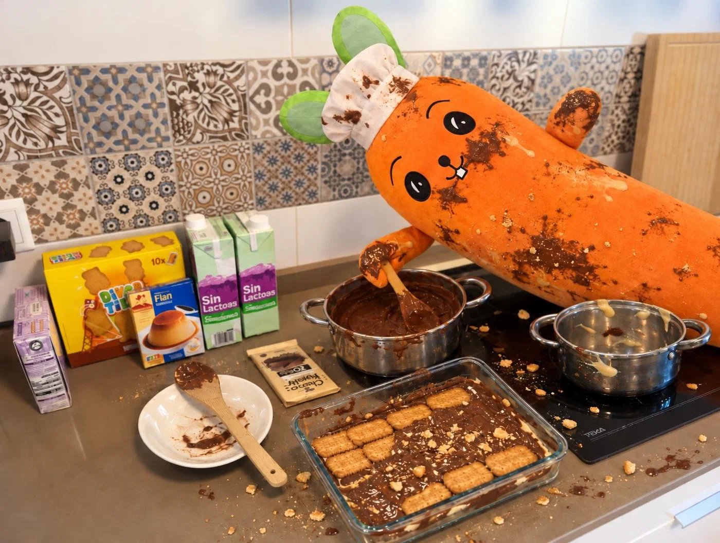 Conejoria, con gorro de cocina y cubierta de chocolate y migas, remueve una olla junto a una tarta de galletas.