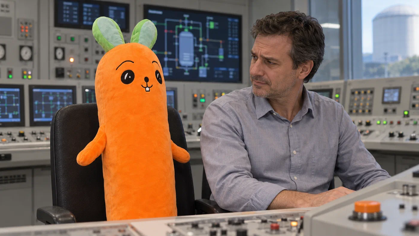 Conejoria mira al guía en la sala de control de una central nuclear, junto a un botón naranja.